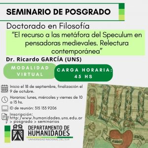 flyer seminario de postrgrado "El recurso a la metáfora del Speculum en pensadoras medievales. Relecturas contemporáneas"